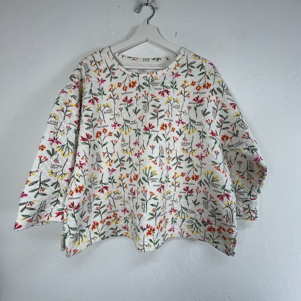 Lands' End Women's Quilted Crewneck Top XL 3/4 Sleeve Pullover Ivory Floral